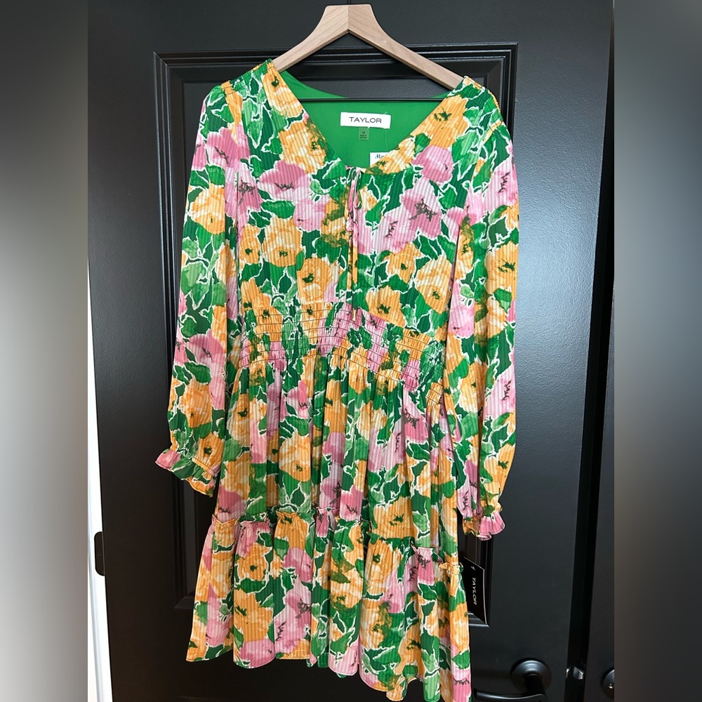 Taylor Lined Multi-Color Green Floral Smocked Waist Dress in Size 12 NWT